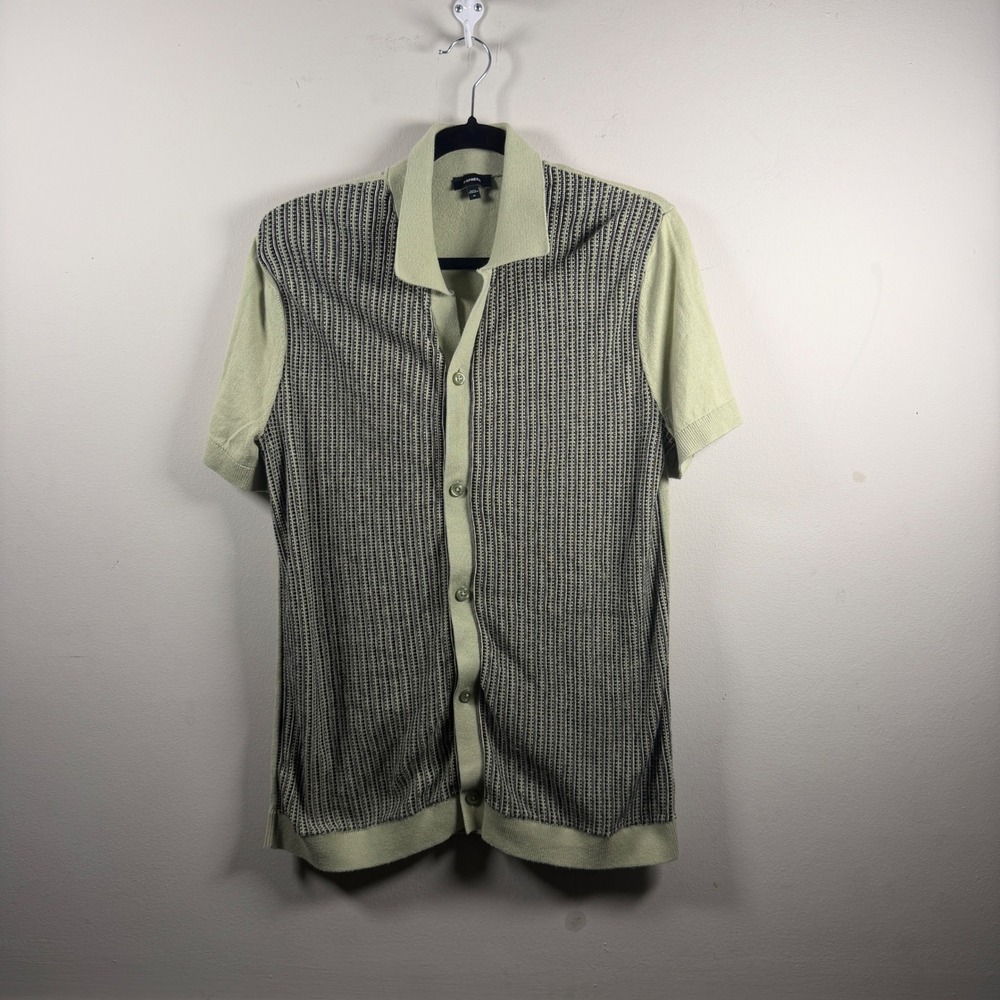 Express Knit Button Up Mens M Sage Green Modern Textured Stripe Short Sleeve